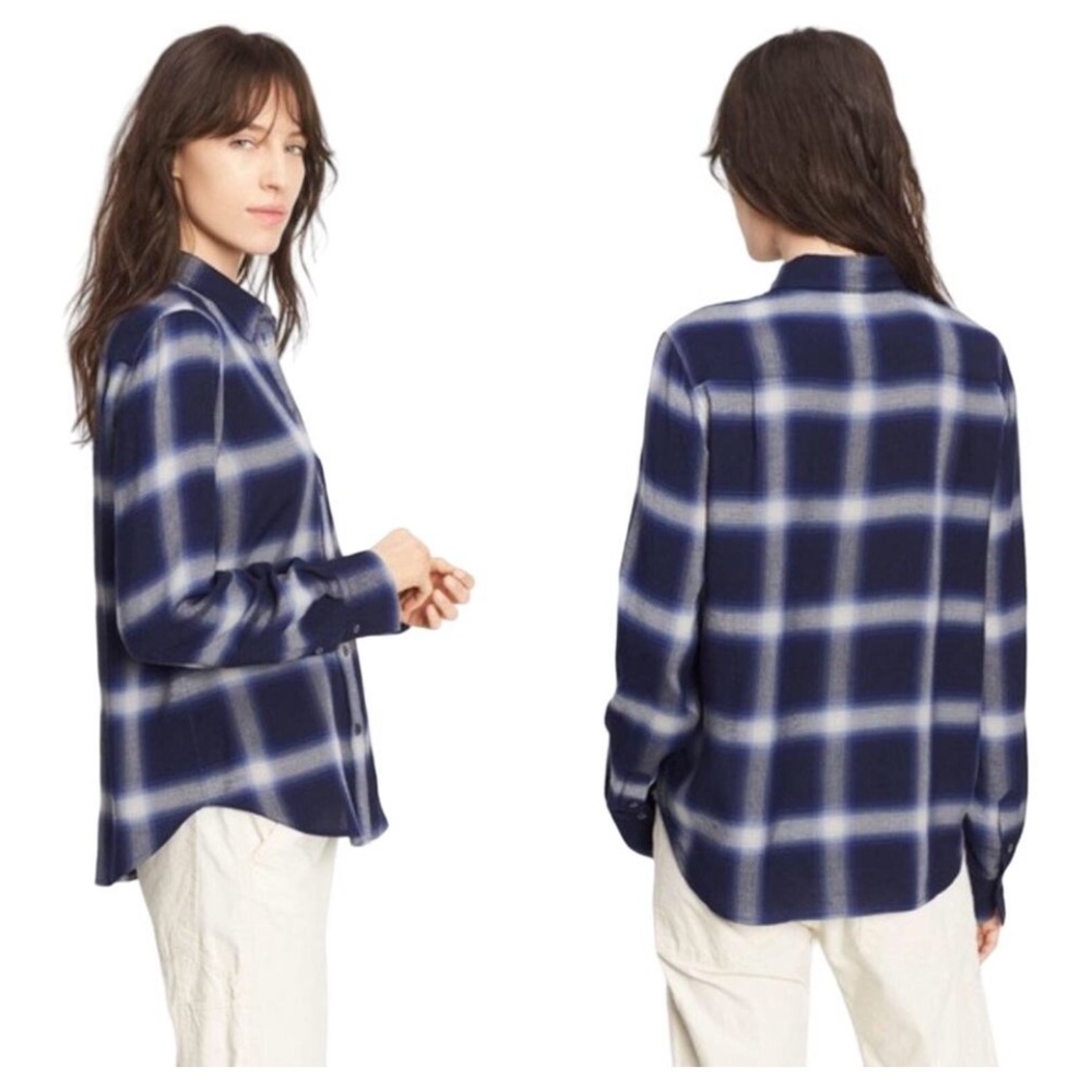 Vince Soft Relaxed Brushed Plaid Button Down Long Sleeve Top Blue White Small
